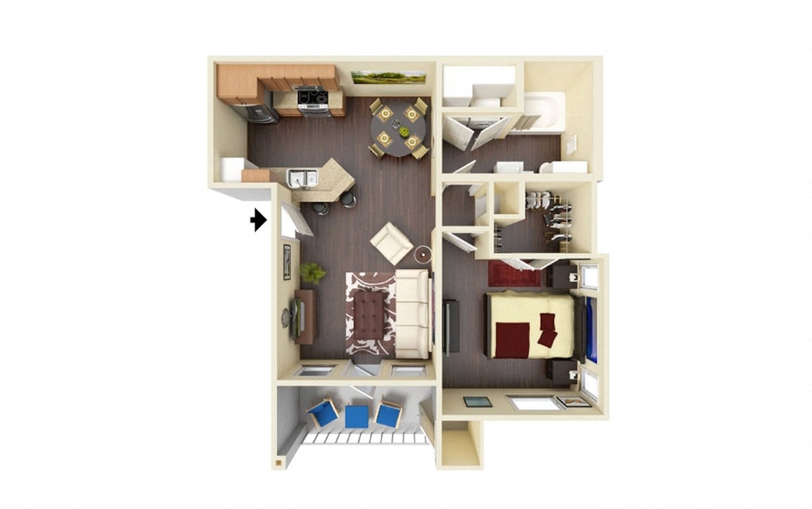 Floor plan for 1 bed, 1 bath, 669 sqft